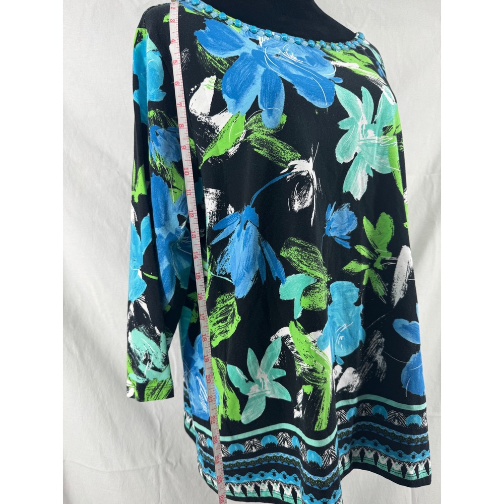 Ruby Rd Woman 2X Floral Knit Top Blue‎ Green Beaded Neck 3/4 Sleeve 95657 NEW - Picture 3 of 7